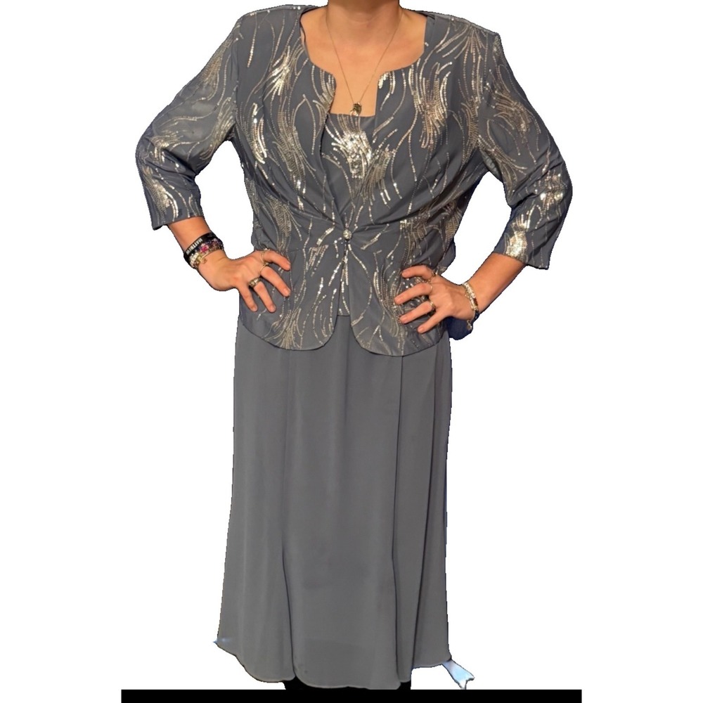 Alex Evenings Steel Blue Sequin Chiffon Dress and Jacket Set Formal Gown